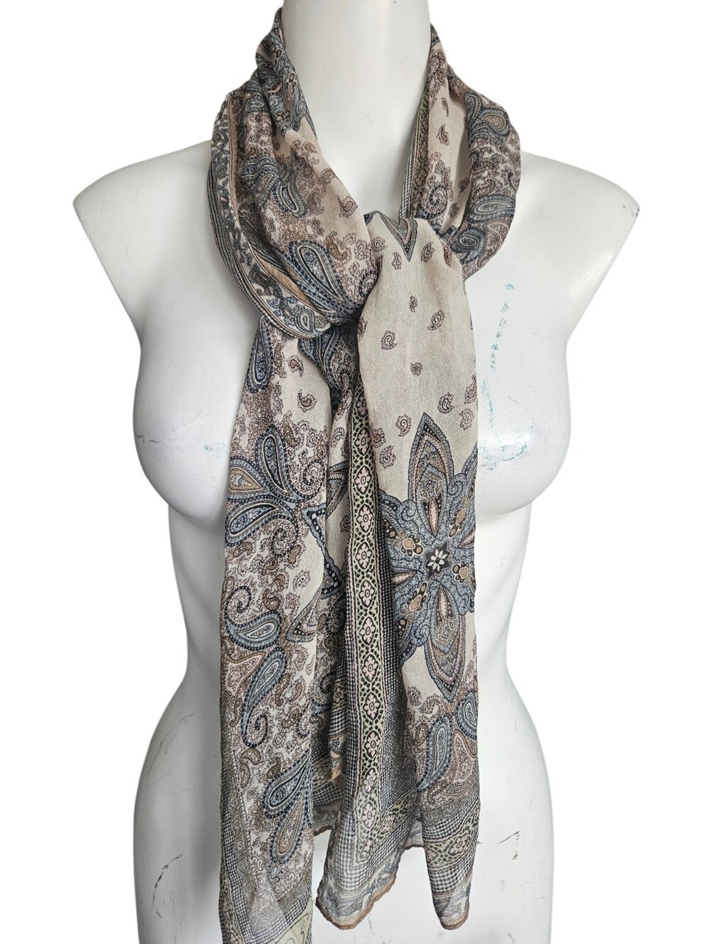 Vintage Oscar de la Renta Silk Scarf Blue Tan Paisley Medallion Boho Print Luxe